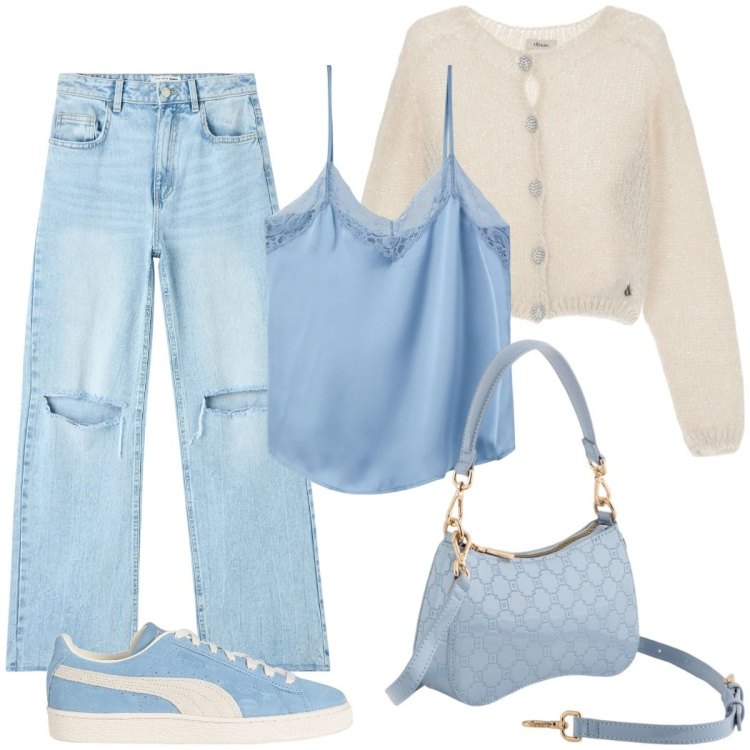 Outfit donna - Azzurro che fa primavera. Stile Casual chic per Tutti i giorni. Abbinamento con sneakers, jeans strappati, top, cardigans, borse a tracolla.