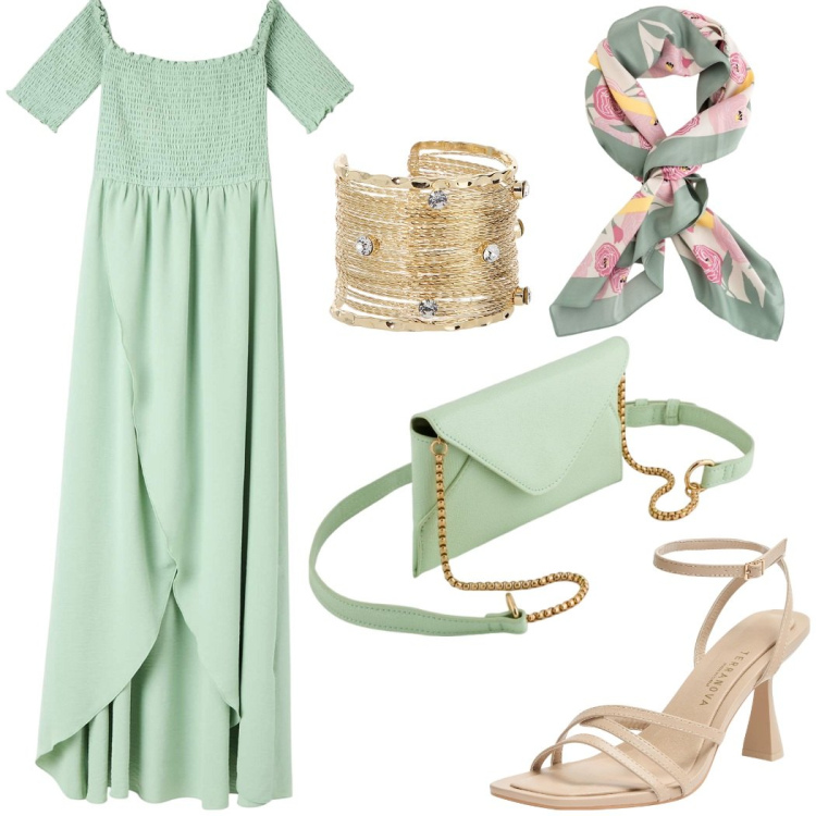 Outfit donna - Cerimonia in verde acqua. Stile Glamour per Cerimonia. Abbinamento con vestiti lunghi, sandali col tacco, braccialetti, pochette, foulard.