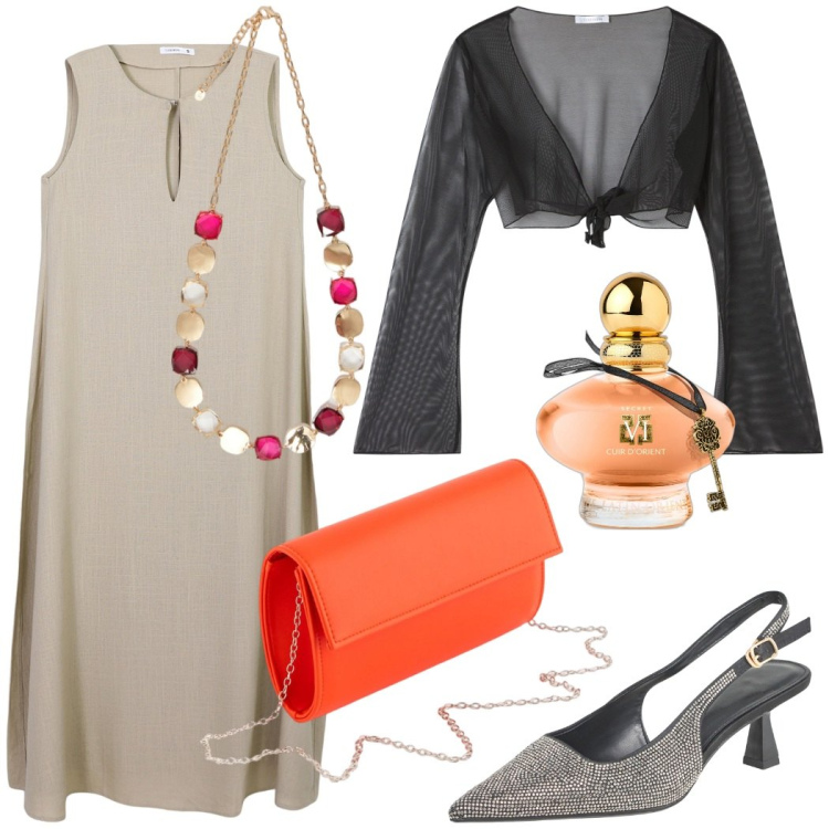 Outfit donna - Mini borsa arancio per la sera. Stile Glamour per Serata fuori. Abbinamento con profumi, vestiti lunghi, bolero, décolleté, collane, pochette.
