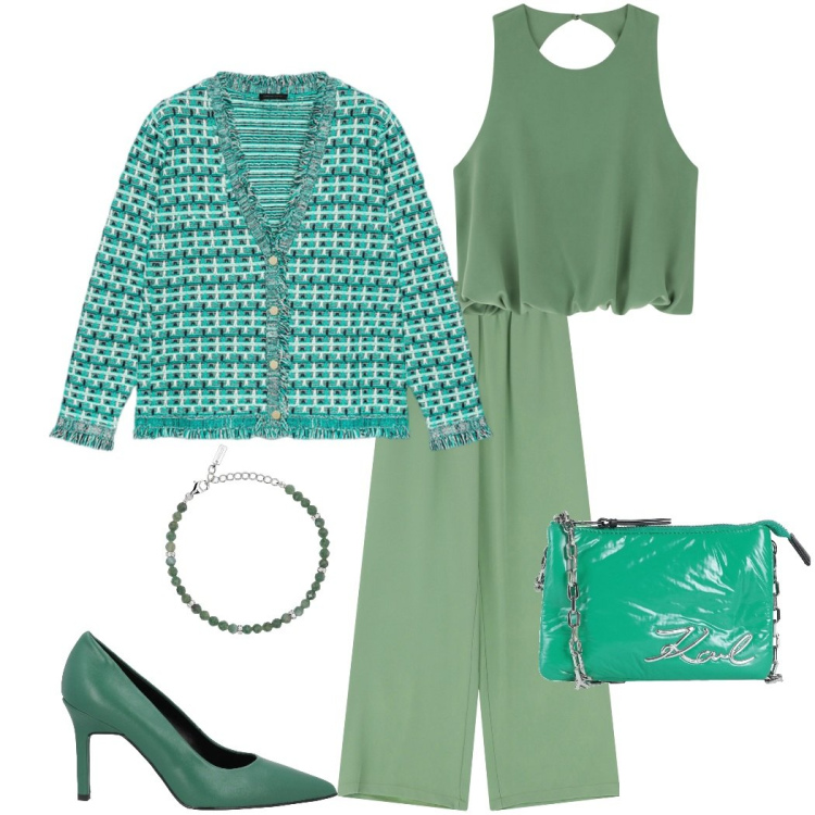 Outfit donna - Pastel Power. Stile Casual chic per Serata fuori. Abbinamento con borse a mano, décolleté, braccialetti, pantaloni a palazzo, top, cardigans.