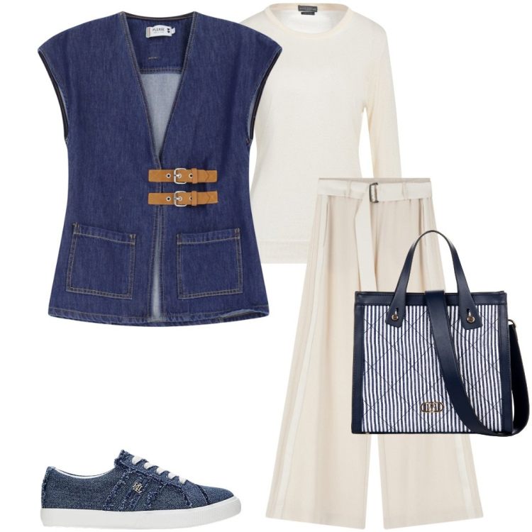 Outfit donna - Pastel Power. Stile Casual chic per Ufficio. Abbinamento con pullovers, gilet, shopping bag, pantaloni, sneakers.