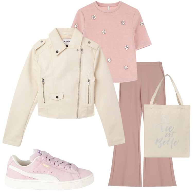 Outfit donna - Pastel Power. Stile Casual per Scuola/Università. Abbinamento con sneakers, borse tote, giacche, maglieria, pantaloni.