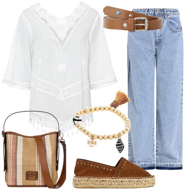 Outfit donna - Boho style. Stile Boho per Tutti i giorni. Abbinamento con tuniche, braccialetti, jeans, borse a secchiello, cinture, espadrillas.