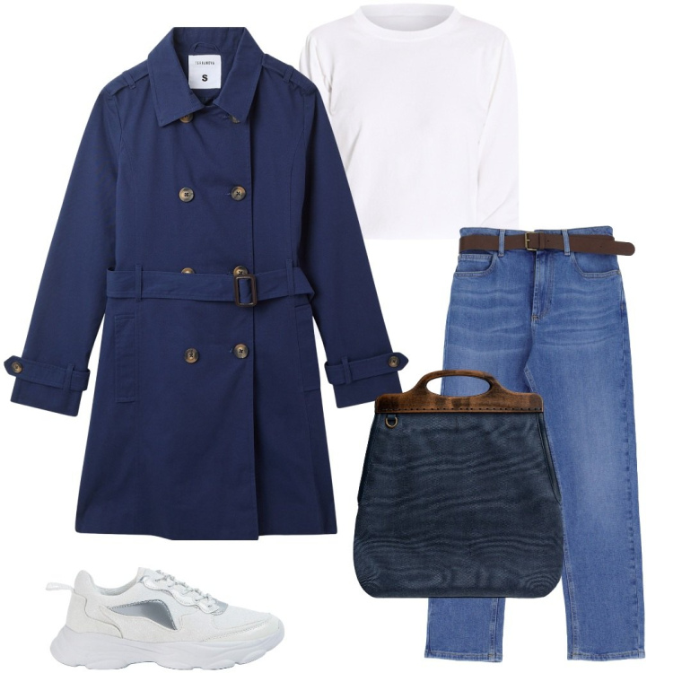Outfit donna - Auguri a tutte le donne. Stile Casual chic per Ufficio. Abbinamento con trench, sneakers, jeans dritti, maglieria, borse a tracolla.