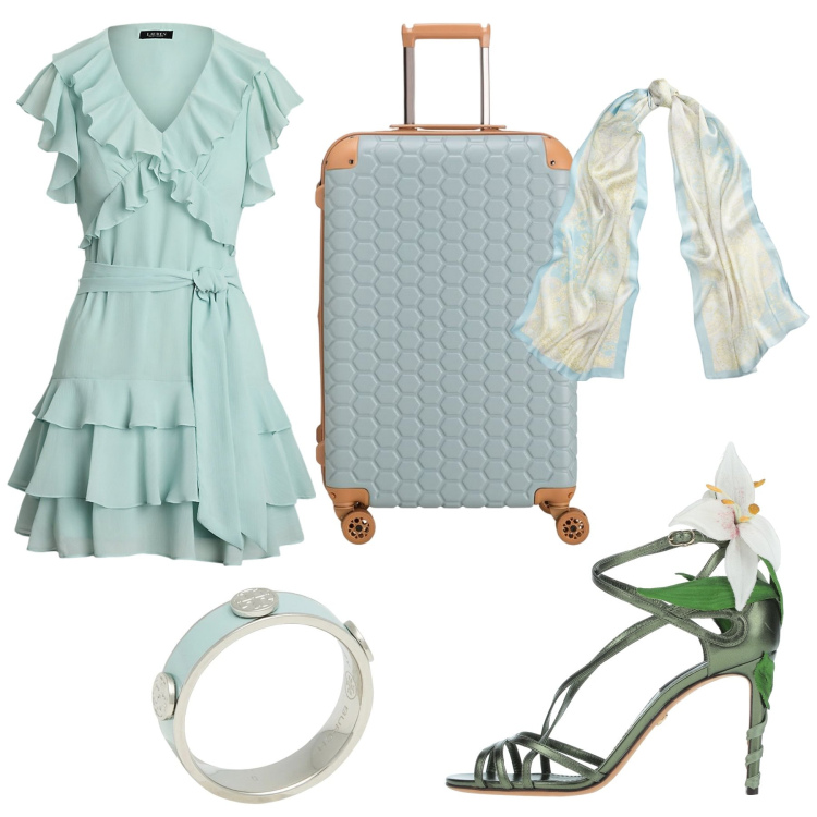 Outfit donna - Total look #2077972. Stile Bon Ton per Tutti i giorni. look ideale per Petite. Abbinamento con sandali in pelle, anelli, vestiti, foulard, valigie.