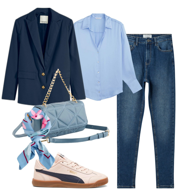 Outfit donna - City. Stile Casual chic per Tutti i giorni. Abbinamento con blazer, camicie, jeans skinny, sneakers, borse a tracolla, foulard.