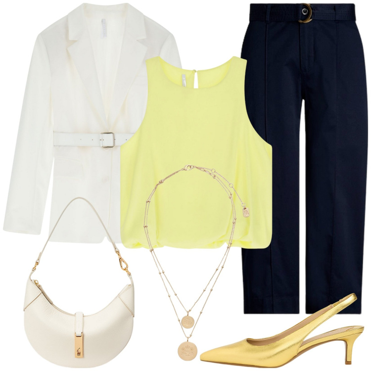 Outfit donna - Alla donna raffinata e pratica. Stile Casual chic per Tutti i giorni. Abbinamento con blazer, top, ciondoli, borse a spalla, pantaloni, décolleté.