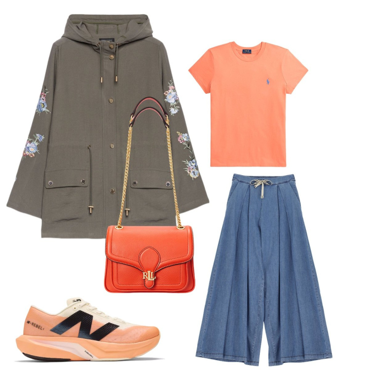 Outfit donna - A passeggio con la mia amica. Stile Glamour per Tutti i giorni. Abbinamento con sneakers, jeans, borse a spalla, t-shirt, parka.