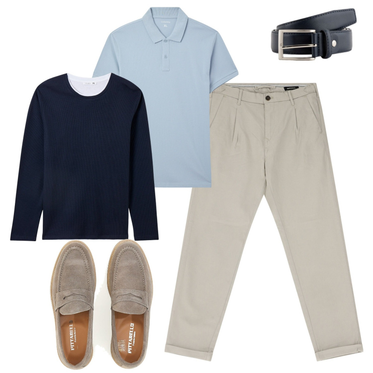 Outfit uomo - City. Stile Urban per Tutti i giorni. Abbinamento con polo, maglieria, pantaloni chino, scarpe stringate, cinture.