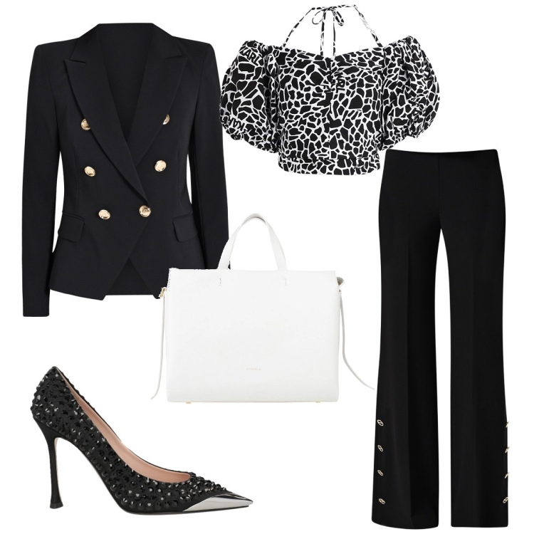 Outfit donna - Il bianco e il nero. Stile Chic per Serata fuori. Abbinamento con décolleté, borse a mano, top, blazer, pantaloni a palazzo.