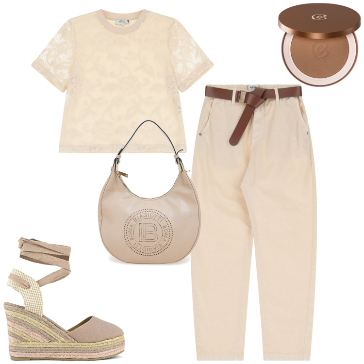 Outfit donna - City. Stile Romantica per Tutti i giorni. Abbinamento con terre, t-shirt, pantaloni chino, borse a spalla, espadrillas.