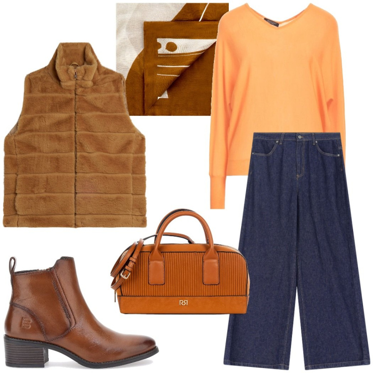 Outfit donna - Urban style. Stile Casual chic per Tutti i giorni. Abbinamento con pullovers, borse a mano, sciarpe, gilet, jeans, stivaletti.