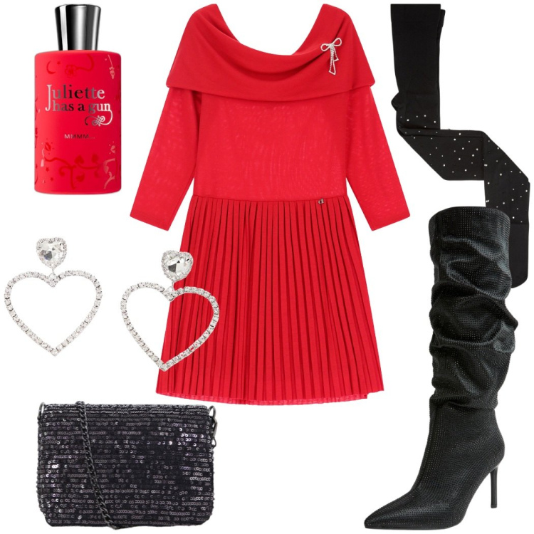 Outfit donna - Cena romantica. Stile Romantica per Serata fuori. Abbinamento con profumi, stivali, collant, vestiti, orecchini, borse a tracolla.