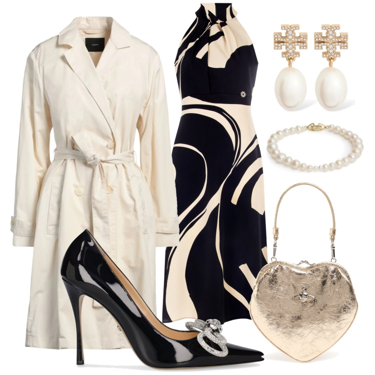 Outfit donna - In bianco e nero. Stile Chic per Cerimonia. Abbinamento con trench, vestiti midi/longuette, orecchini, pochette, braccialetti, décolleté.