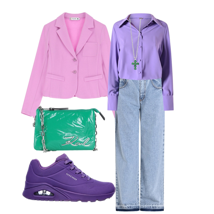 Outfit donna - Pink jeans. Stile Sporty chic per Tutti i giorni. Abbinamento con borse a mano, blazer, ciondoli, jeans, camicie, sneakers.