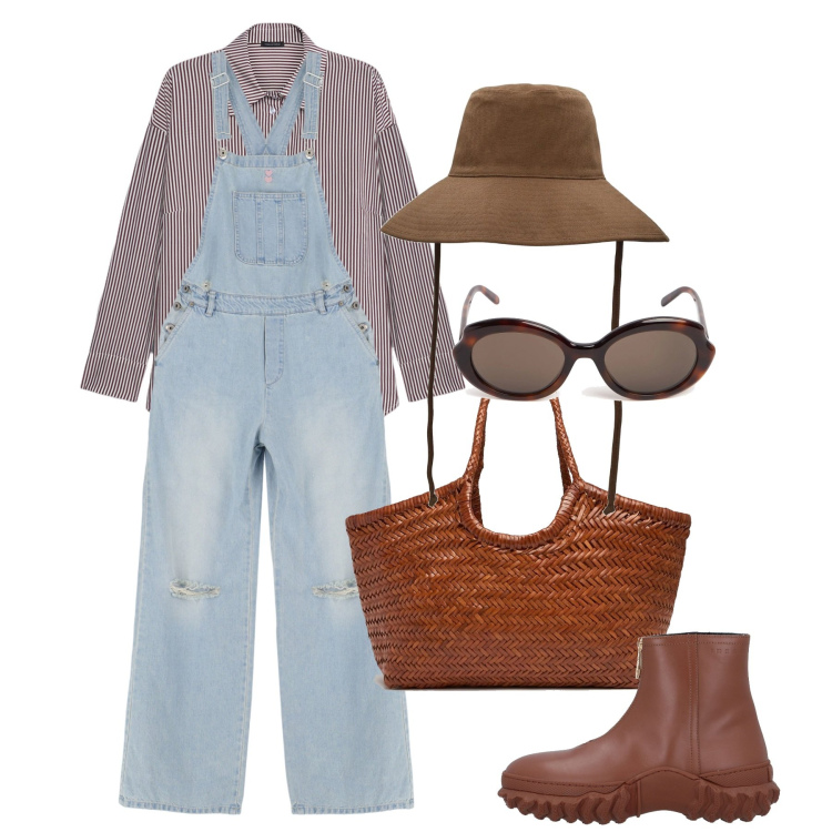 Outfit donna - 8 marzo - Pia Pera. Stile Casual per Tutti i giorni. Abbinamento con stivaletti, salopette, camicie, shopping bag, cappelli, occhiali da sole.