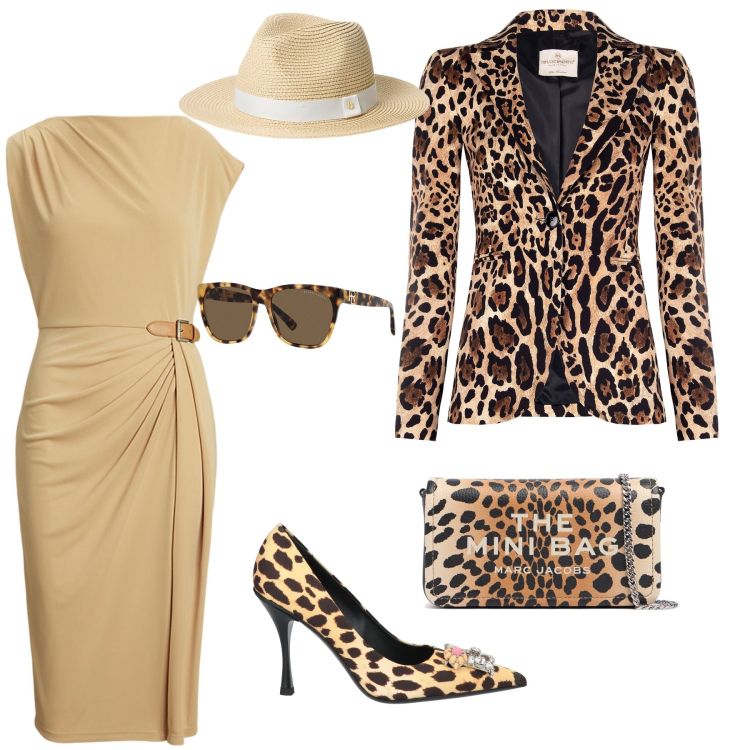 Outfit donna - Total look animalier. Stile Chic per Serata fuori. Abbinamento con décolleté, blazer, vestiti a tubino, cappelli, occhiali da sole, pochette.