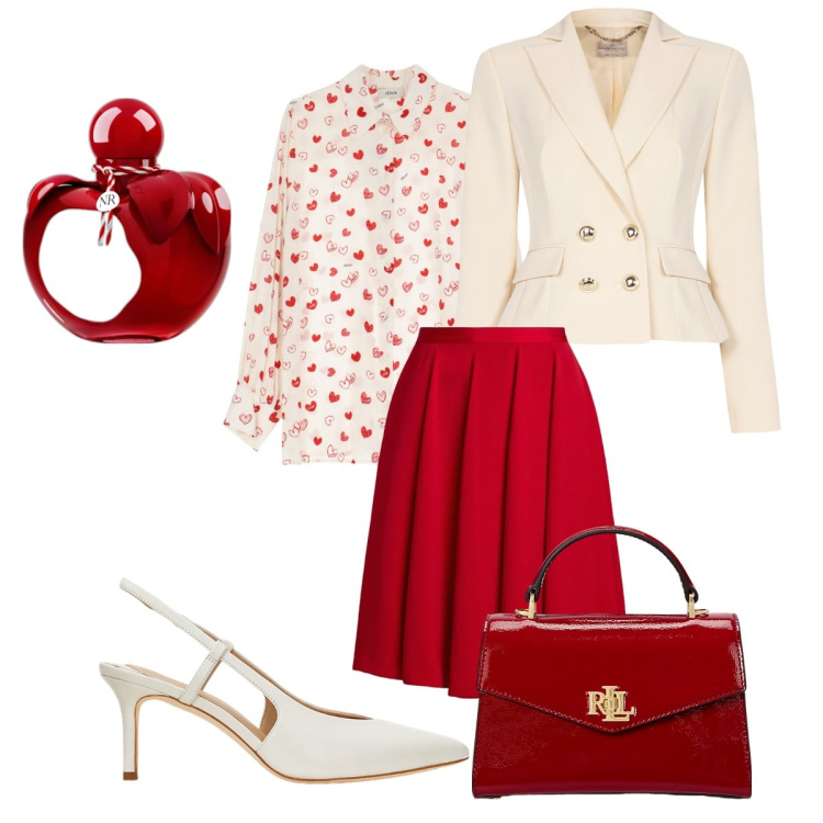 Outfit donna - Romantica. Stile Romantica per Serata fuori. Abbinamento con profumi, camicie, blazer, borse a mano, gonne, décolleté.