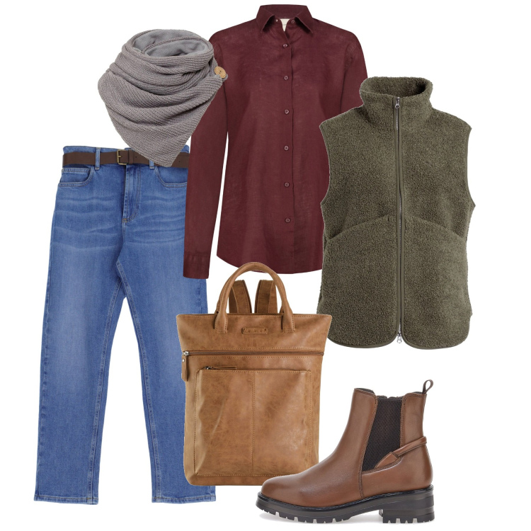 Outfit donna - 8 marzo - Marie Colvin. Stile Casual per Tutti i giorni. Abbinamento con foulard, zaini, blazer, jeans dritti, camicie, stivaletti chelsea.