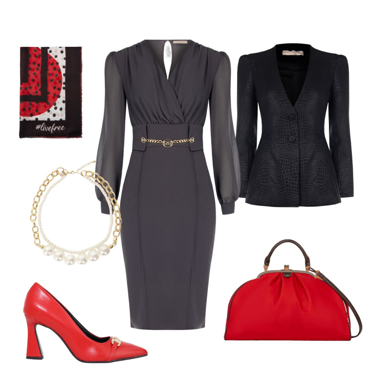 Outfit donna - Elegante al Congresso. Stile Glamour per Ufficio. Abbinamento con vestiti a tubino, blazer, décolleté, collane, foulard, borse a spalla.
