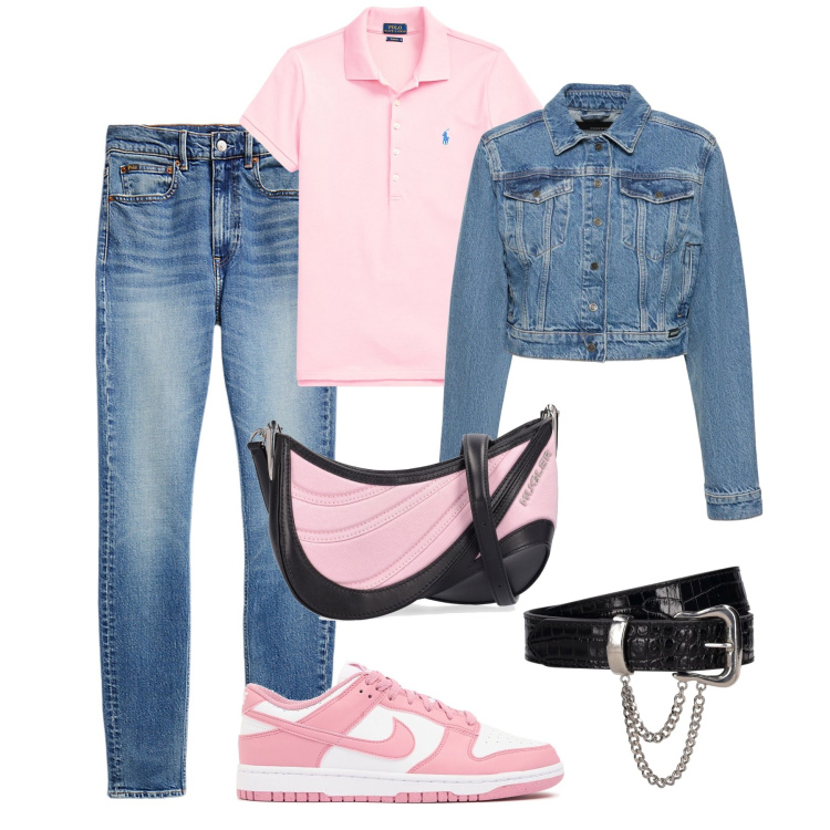 Outfit donna - Mini bag protagonista !. Stile Trendy per Tutti i giorni. Abbinamento con polo, jeans slim fit, borse a spalla, blazer, cinture, sneakers.