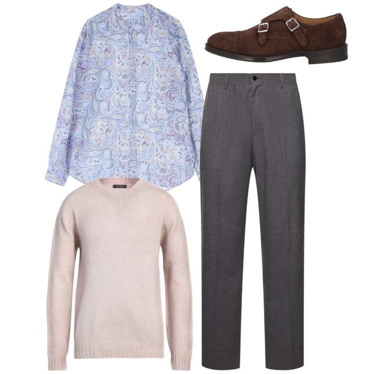 Outfit uomo - Fine inverno. Stile Casual per Tutti i giorni. Abbinamento con pullovers, scarpe stringate, camicie, pantaloni.