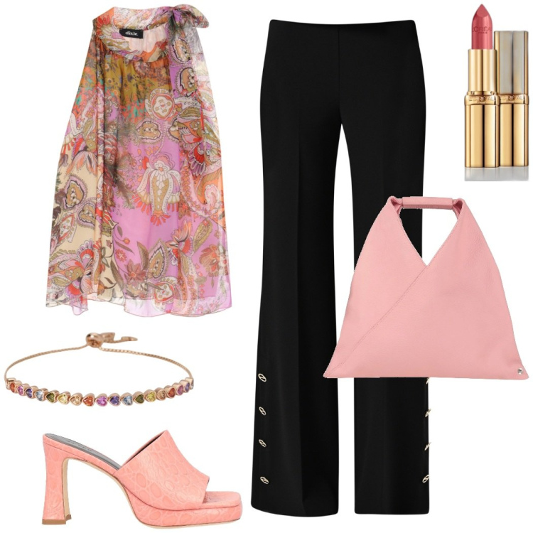 Outfit donna - Cena romantica. Stile Glamour per Serata fuori. Abbinamento con borse a mano, sandali in pelle, rossetti, braccialetti, pantaloni a palazzo, top.