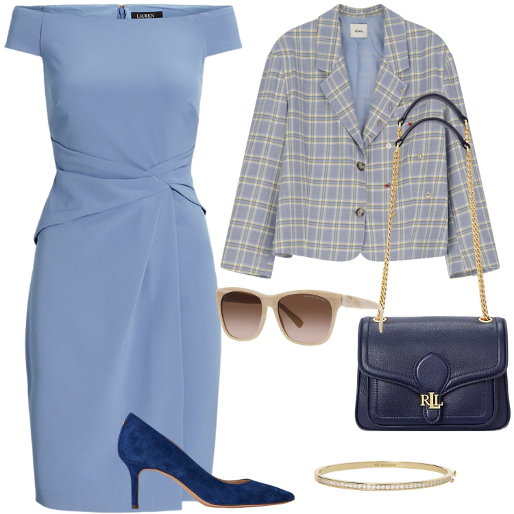Outfit donna - Color lavanda. Stile Bon Ton per Serata fuori. Abbinamento con braccialetti, blazer, occhiali da sole, borse a spalla, décolleté, vestiti.