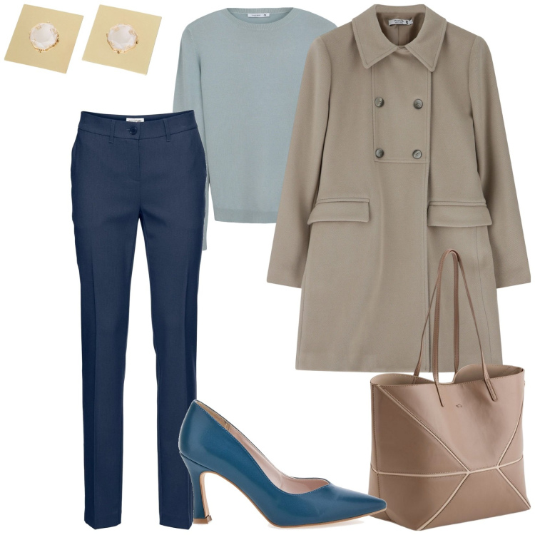 Outfit donna - Pantaloni eleganti blu scuro. Stile Chic per Ufficio. Abbinamento con pantaloni, maglieria, cappotti, orecchini, décolleté, shopping bag.