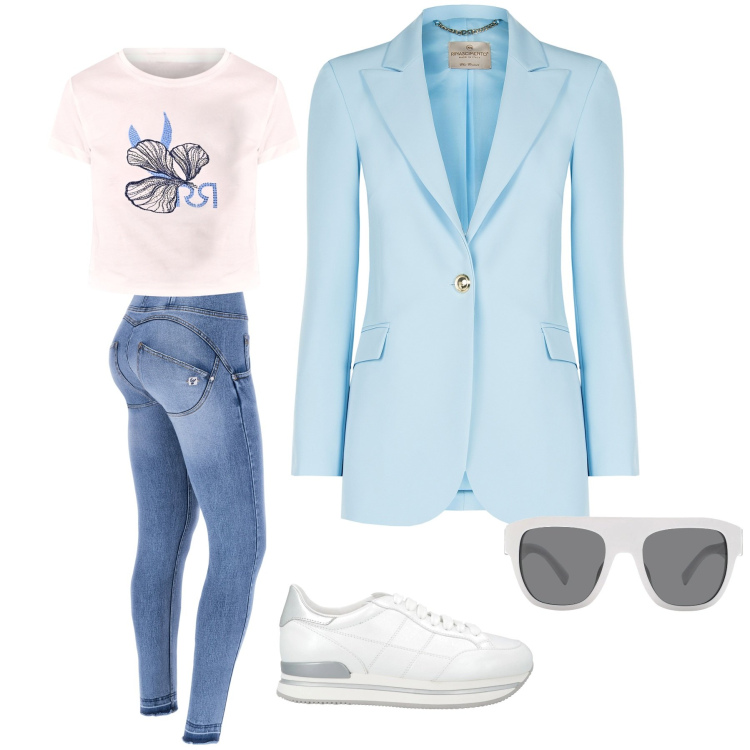 Outfit donna - Voglia di primavera. Stile Casual chic per Tutti i giorni. Abbinamento con sneakers, occhiali da sole, blazer, t-shirt, jeans skinny.