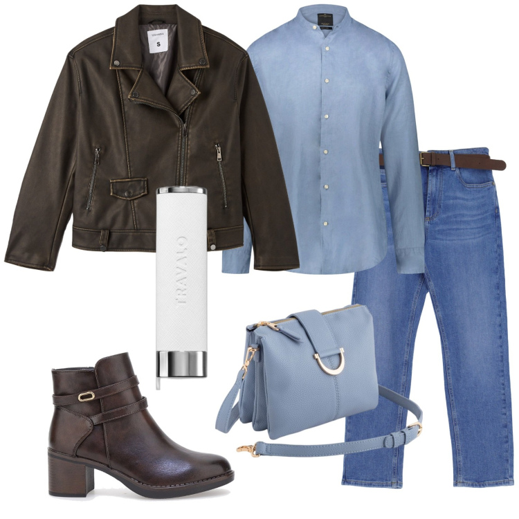 Outfit donna - Total look #2078081. Stile Trendy per Tutti i giorni. Abbinamento con profumi, jeans dritti, giacche, stivaletti, borse a tracolla, camicie.