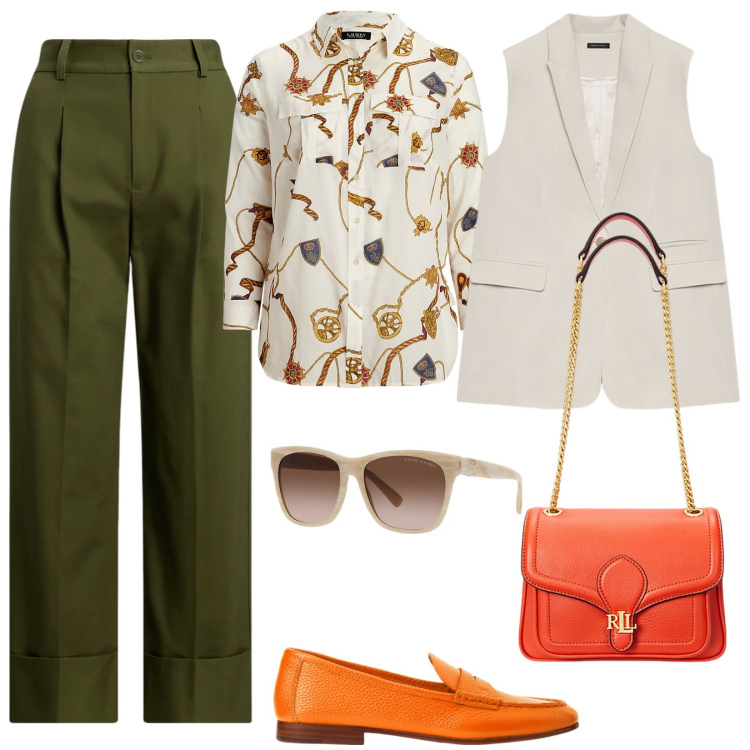 Outfit donna - Casual con stile. Stile Casual chic per Tutti i giorni. Abbinamento con occhiali da sole, pantaloni, camicie, borse a spalla, mocassini, gilet.