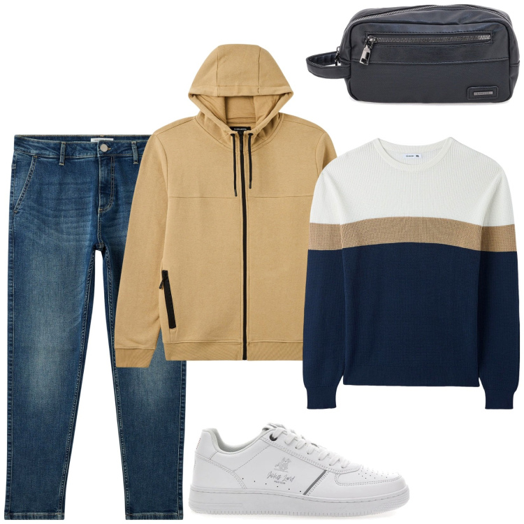 Outfit uomo - Total look #2078084. Stile Casual per Tutti i giorni. Abbinamento con maglieria, felpe sportive, jeans, sneakers, borse sportive.