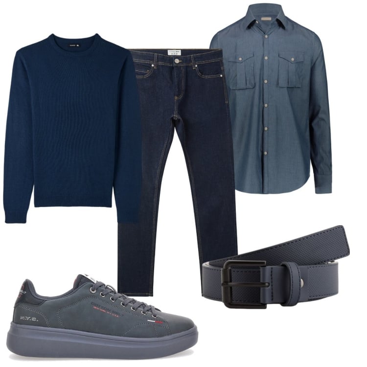 Outfit uomo - Pullover e camicia della mezza stagione. Stile Trendy per Tutti i giorni. Abbinamento con jeans skinny, maglieria, camicie, sneakers, cinture.