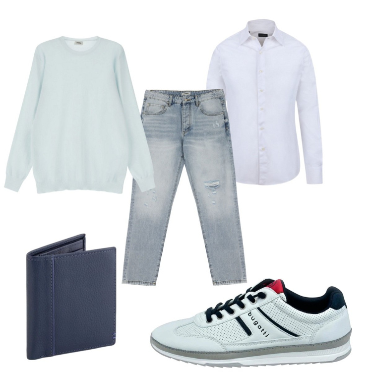 Outfit uomo - Total look #2078088. Stile Casual per Tutti i giorni. Abbinamento con jeans strappati, maglieria, sneakers, camicie, portafogli.