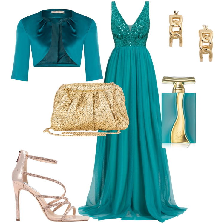 Outfit donna - Matrimonio. Stile Glamour per Cerimonia. Abbinamento con sandali col tacco, profumi, vestiti lunghi, bolero, clutch, orecchini.
