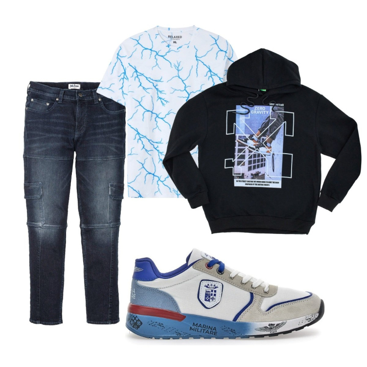 Outfit uomo - Total look #2078095. Stile Casual per Tutti i giorni. Abbinamento con jeans slim fit, t-shirt, sneakers, felpe con cappuccio.