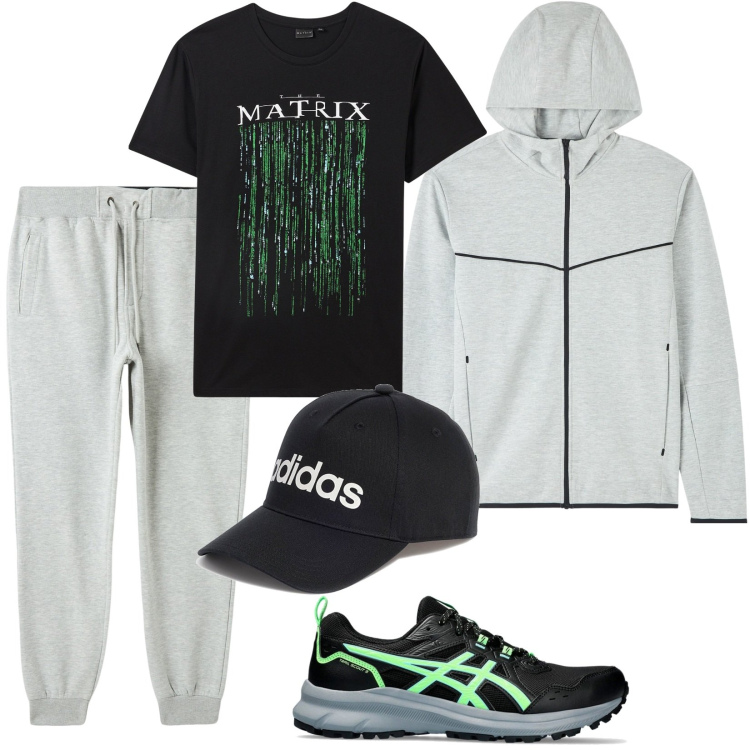 Outfit uomo - Total look #2078098. Stile Casual per Sport. Abbinamento con felpe con cappuccio, t-shirt, pantaloni, sneakers, cappelli.
