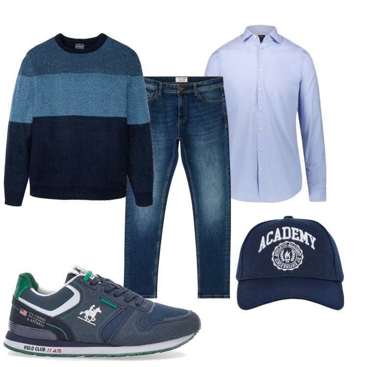 Outfit uomo - Total look #2078099. Stile Casual per Tutti i giorni. Abbinamento con maglieria, jeans skinny, cappelli con visiera, sneakers, camicie.