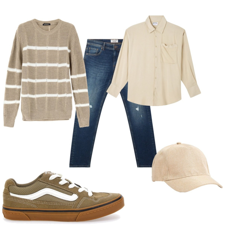 Outfit uomo - Total look #2078101. Stile Casual per Tutti i giorni. Abbinamento con camicie, cappelli, jeans strappati, maglieria, sneakers.