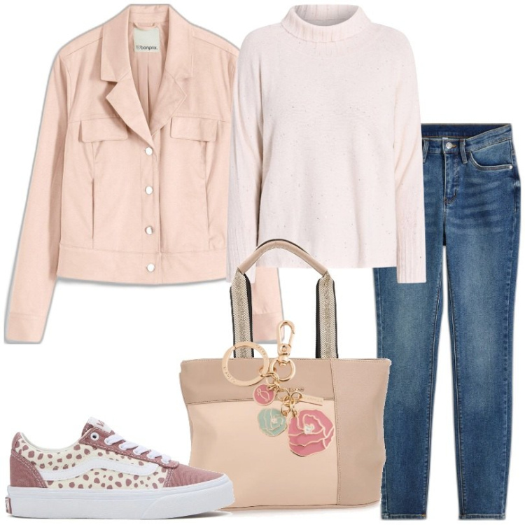Outfit donna - Total look #2078105. Stile Basic per Tutti i giorni. Abbinamento con jeans skinny, blazer, maglieria, sneakers, borse a spalla, portachiavi.