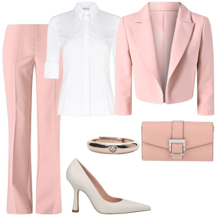 Outfit donna - Rinascimento. Stile Chic per Cerimonia. Abbinamento con borse a mano, décolleté, anelli, blazer, pantaloni, camicie.