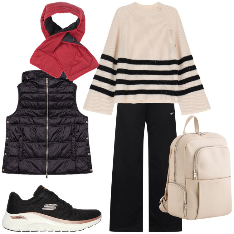 Outfit donna - Urban style. Stile Casual chic per Scuola/Università. Abbinamento con sciarpe, maglieria, sneakers, piumini, pantaloni, zaini.