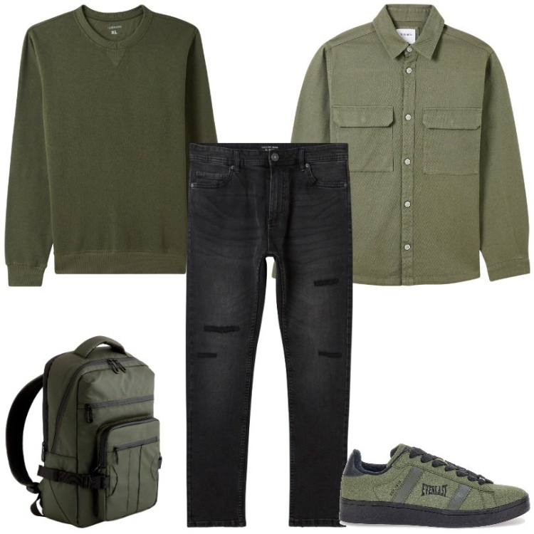 Outfit uomo - Total look #2078111. Stile Casual per Ufficio. Abbinamento con cappotti, jeans strappati, felpe, sneakers, borse sportive.