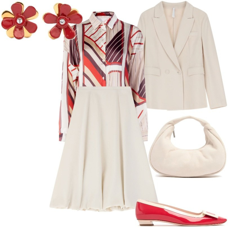 Outfit donna - Aspettando primavera. Stile Chic per Tutti i giorni. Abbinamento con camicie, gonne longuette, blazer, borse a mano, orecchini, ballerine.