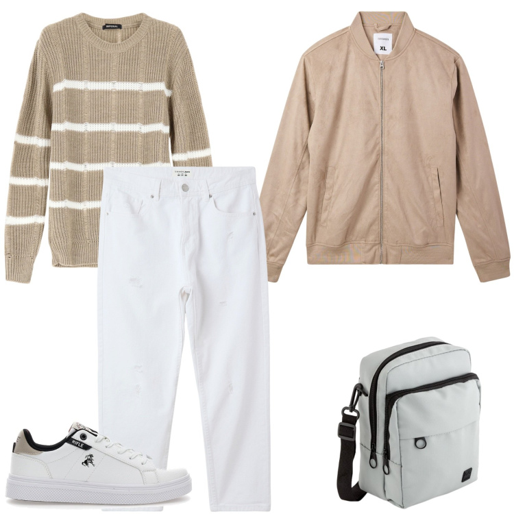 Outfit uomo - Total look #2078120. Stile Casual per Ufficio. Abbinamento con jeans strappati, bomber, maglieria, borse sportive, sneakers.