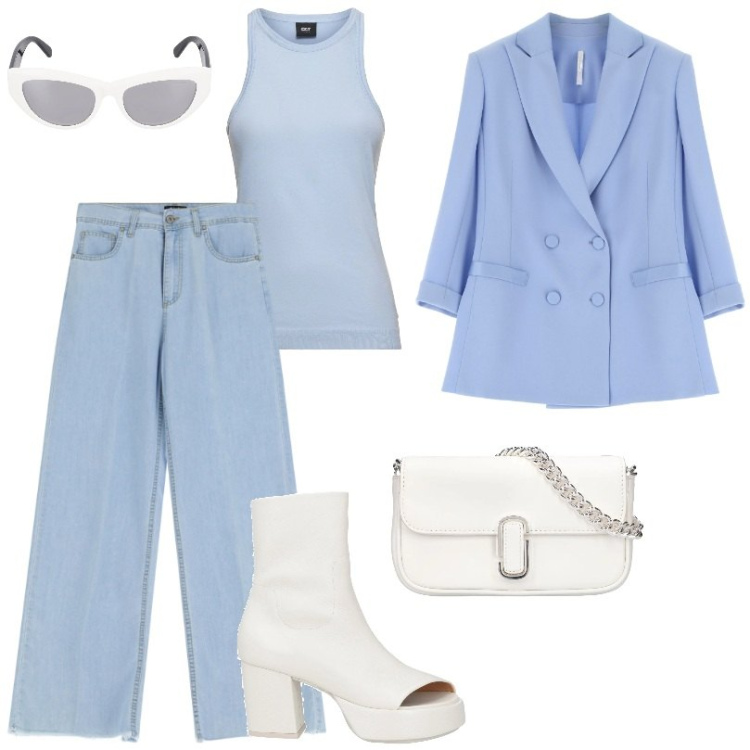 Outfit donna - Total look #2078126. Stile Urban per Tutti i giorni. Abbinamento con stivaletti, blazer, jeans, canottiere, borse a spalla, occhiali da sole.