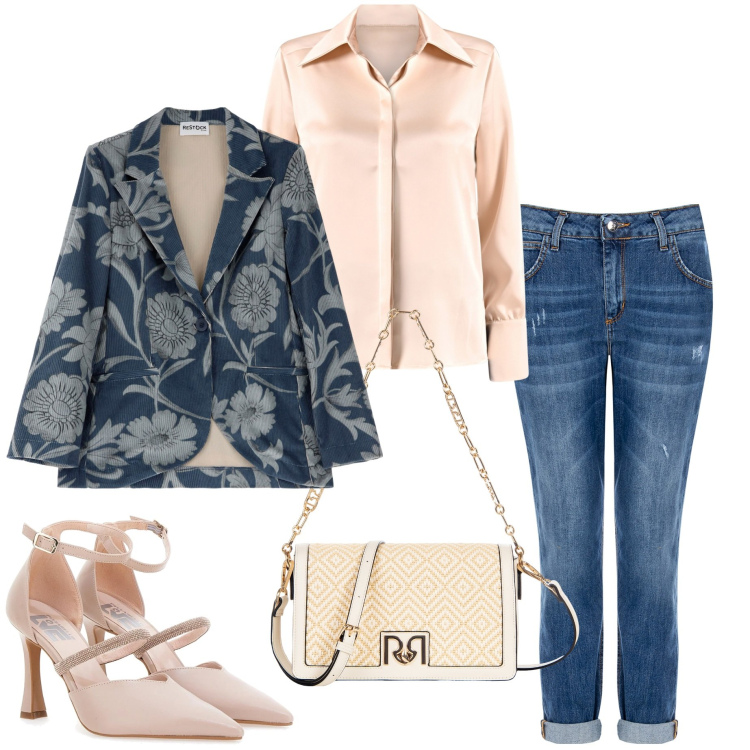 Outfit donna - L\'aperitivo. Stile Casual chic per Serata fuori. Abbinamento con jeans skinny, camicie, borse a spalla, blazer, décolleté.