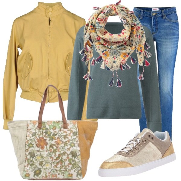 Outfit donna - Colori luminosi. Stile Trendy per Tutti i giorni. Abbinamento con jeans skinny, pantaloni chino, sciarpina fantasia floreale, borsa a spalla maxi fantasia floreale effetto laminato con zip, giubbotto collo alto a maniche lunghe con zip interno sfoderato tinta unita, scarpe da ginnastica oro.