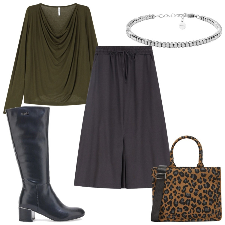 Outfit donna - Total look #2078133. Stile Trendy per Tutti i giorni. Abbinamento con shopping bag, pullovers, braccialetti, gonne longuette, stivali.